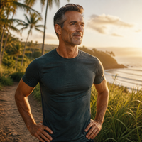 A fit man in his late forties on the coast at sunrise