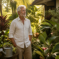 A man in his sixties in his garden